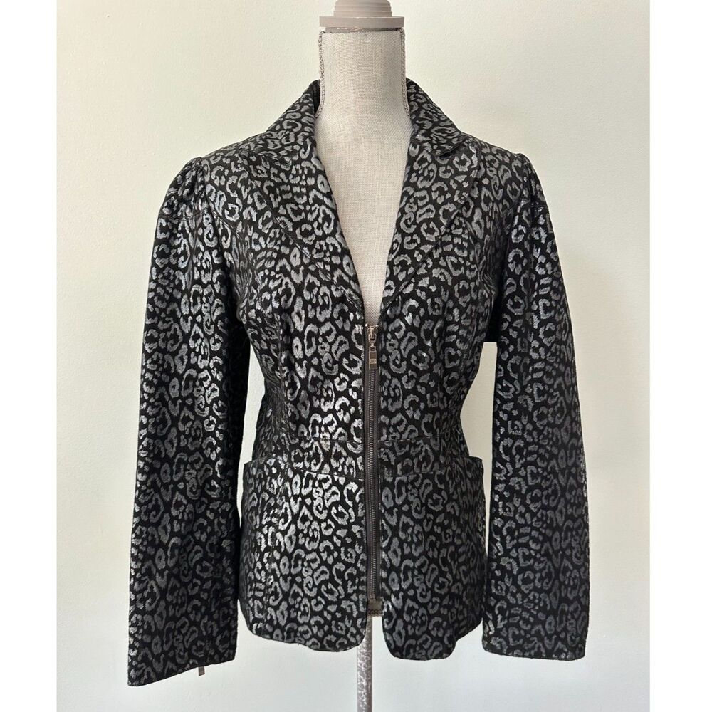 Pamela McCoy Women’s Metallic Leopard Print Leather Zip Front Blazer Jacket Med